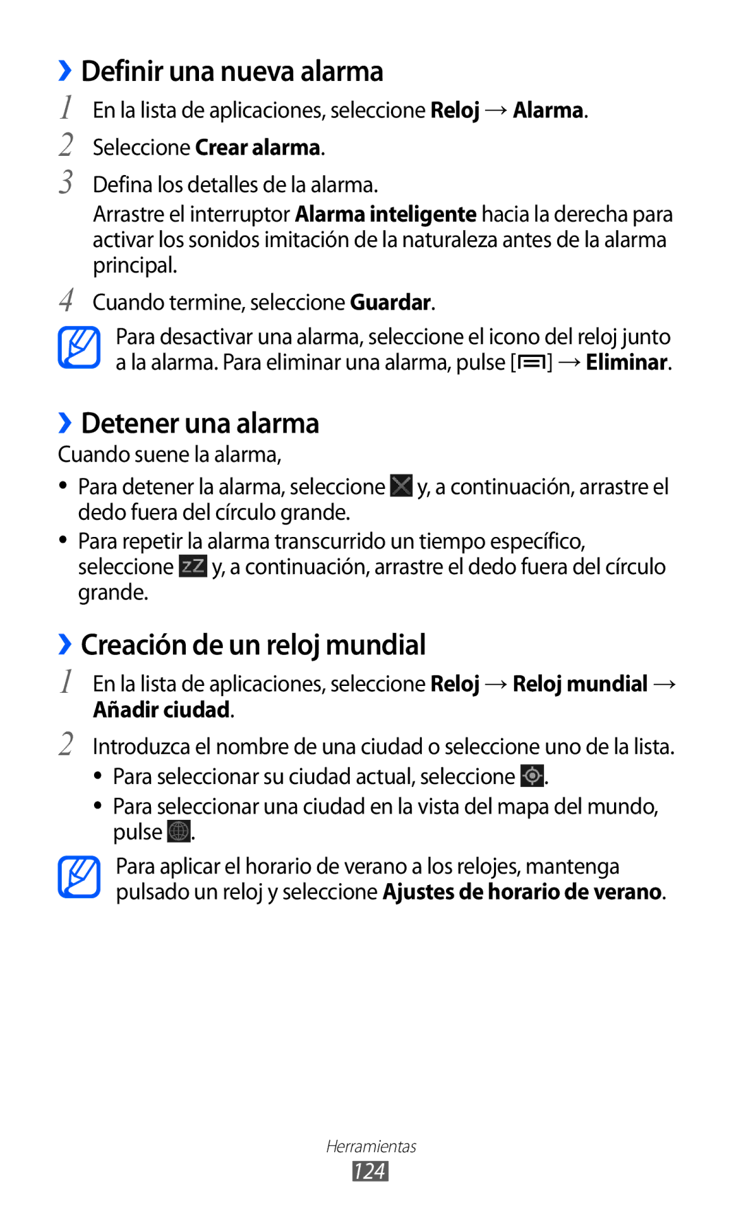 Samsung GT-I9100LKNATL manual ››Definir una nueva alarma, ››Detener una alarma, ››Creación de un reloj mundial, 124 