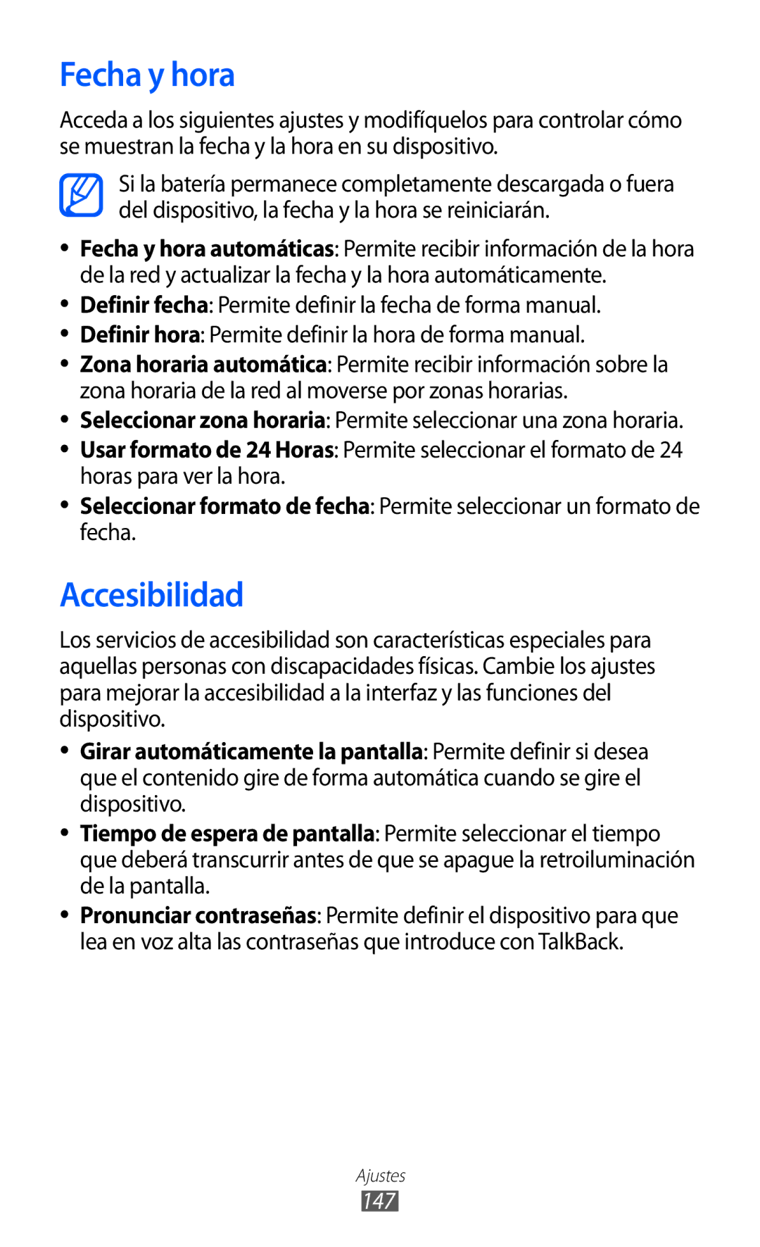 Samsung GT-I9100LKATPH, GT-I9100LKAXEU, GT-I9100LKAXSP, GT-I9100LKAEPL, GT-I9100LKADBT manual Fecha y hora, Accesibilidad, 147 