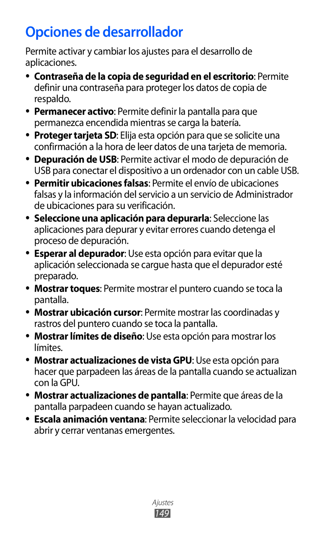 Samsung GT-I9100LKADBT, GT-I9100LKAXEU, GT-I9100LKAXSP, GT-I9100LKATPH, GT-I9100LKAEPL manual Opciones de desarrollador, 149 