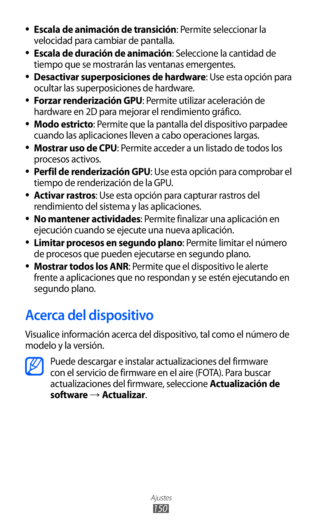 Samsung GT-I9100LKNTIM manual Acerca del dispositivo, Escala de animación de transición Permite seleccionar la, 150 