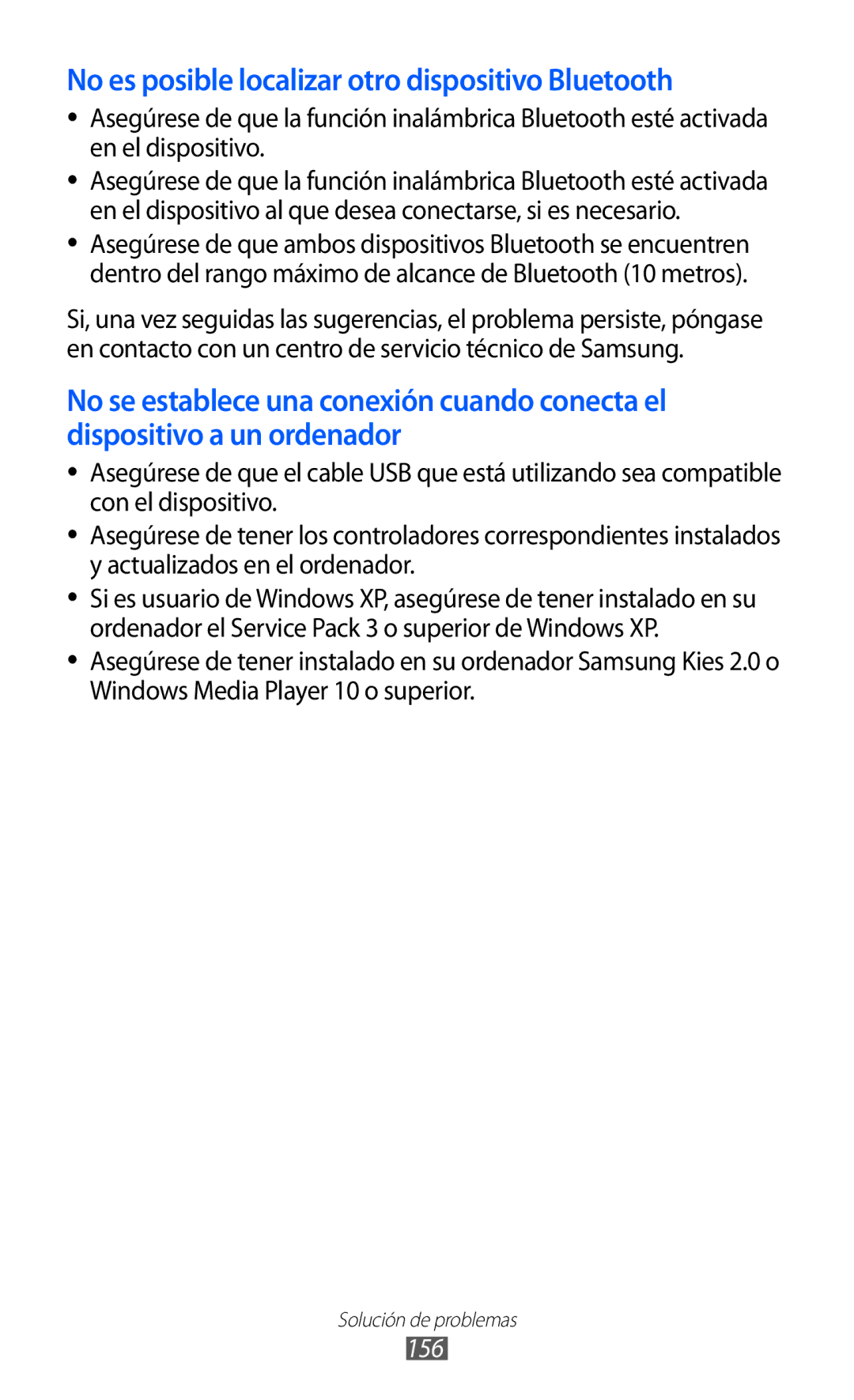 Samsung GT-I9100OIAAMN, GT-I9100LKAXEU, GT-I9100LKAXSP manual No es posible localizar otro dispositivo Bluetooth, 156 