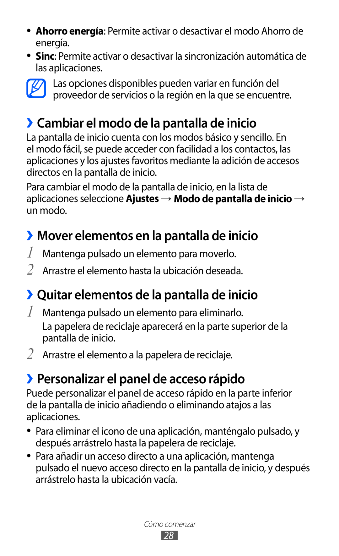 Samsung GT-I9100RWAXSP manual ››Cambiar el modo de la pantalla de inicio, ››Mover elementos en la pantalla de inicio 
