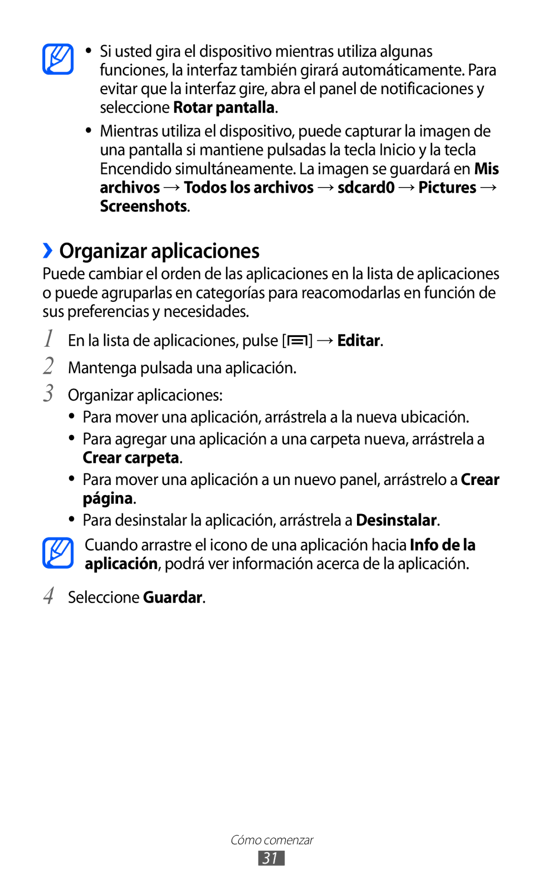 Samsung GT-I9100LKATPH, GT-I9100LKAXEU, GT-I9100LKAXSP, GT-I9100LKAEPL manual ››Organizar aplicaciones, Seleccione Guardar 