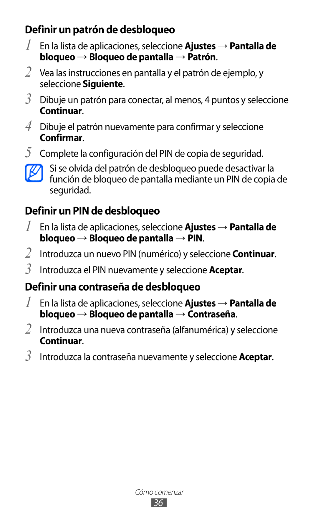 Samsung GT-I9100SWNAMN Definir un patrón de desbloqueo, Definir un PIN de desbloqueo, Definir una contraseña de desbloqueo 