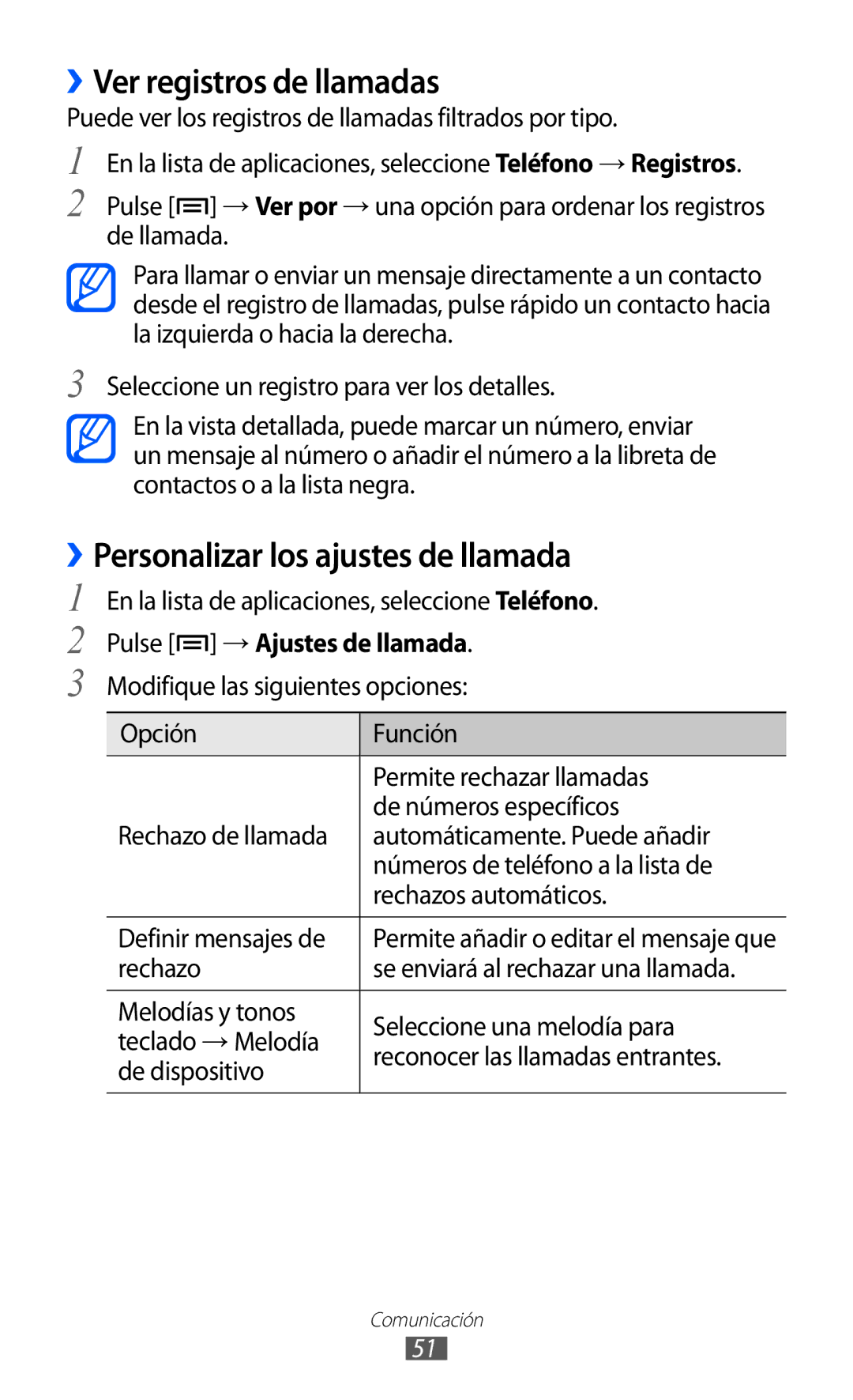 Samsung GT-I9100RWNAMN manual ››Ver registros de llamadas, ››Personalizar los ajustes de llamada, Pulse →Ajustes de llamada 