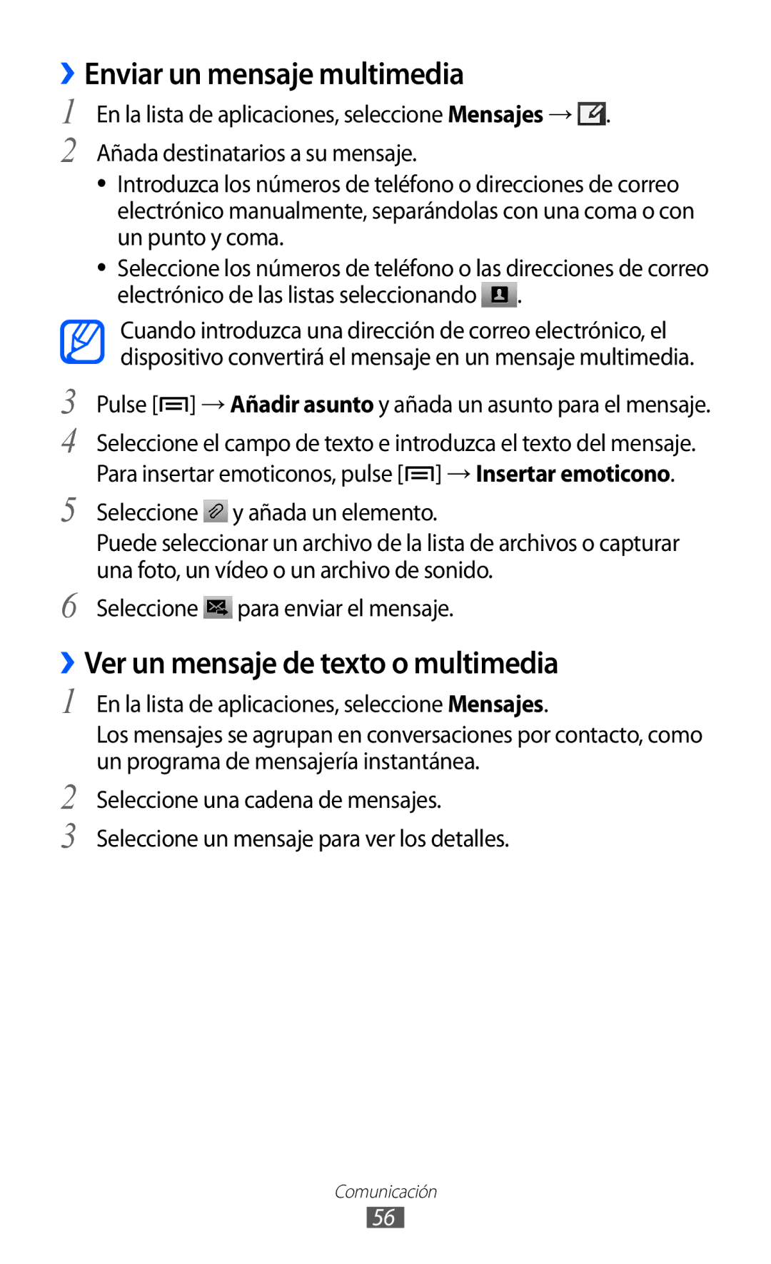 Samsung GT-I9100LKAYOG, GT-I9100LKAXEU manual ››Enviar un mensaje multimedia, ››Ver un mensaje de texto o multimedia 