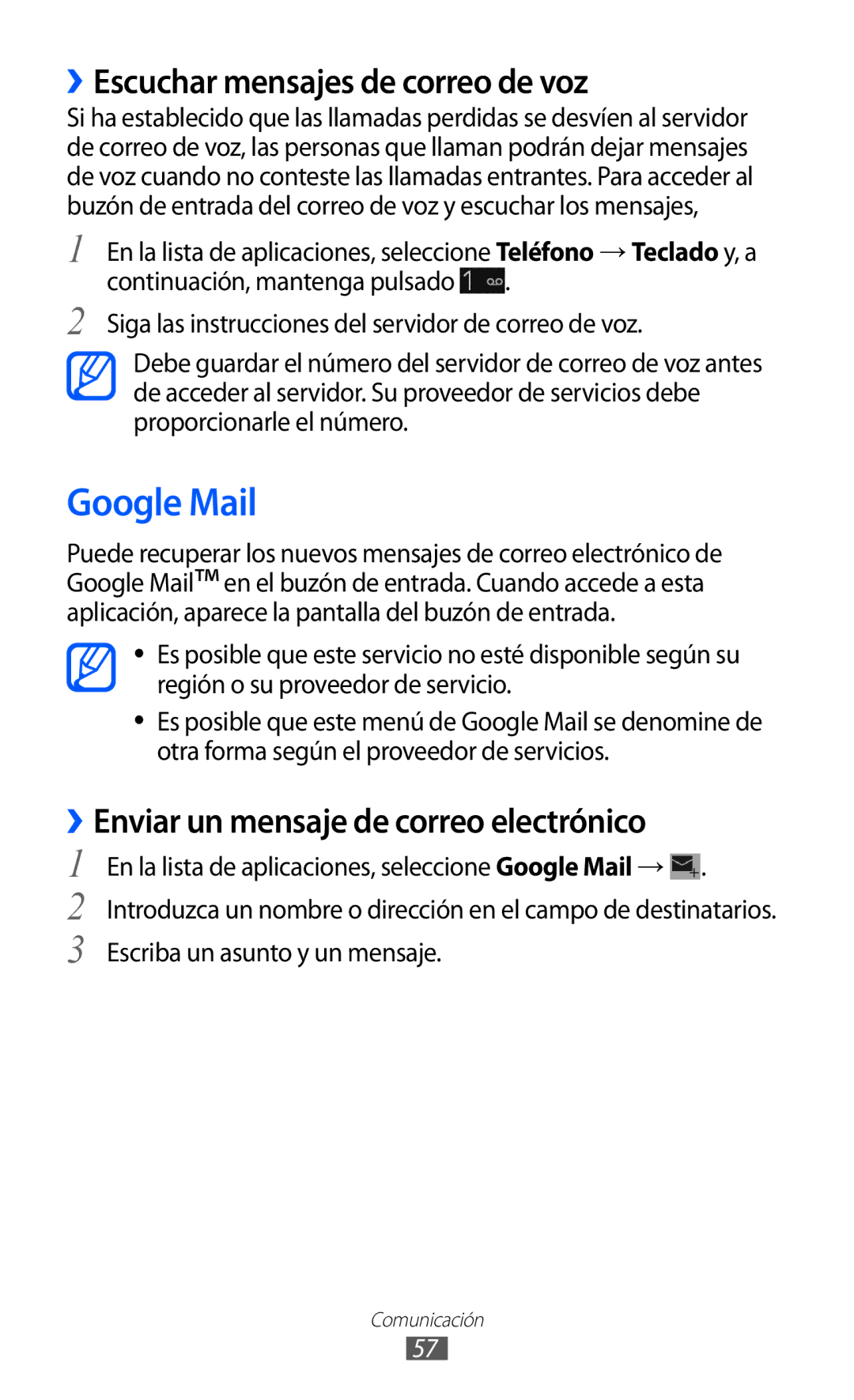 Samsung GT-I9100RWAXSP manual Google Mail, ››Escuchar mensajes de correo de voz, ››Enviar un mensaje de correo electrónico 