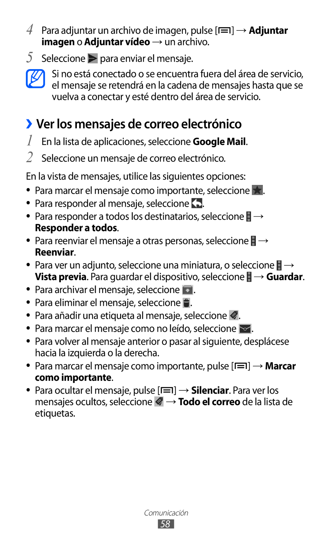 Samsung GT-I9100LKAXEU ››Ver los mensajes de correo electrónico, Responder a todos, Reenviar, Como importante, Etiquetas 