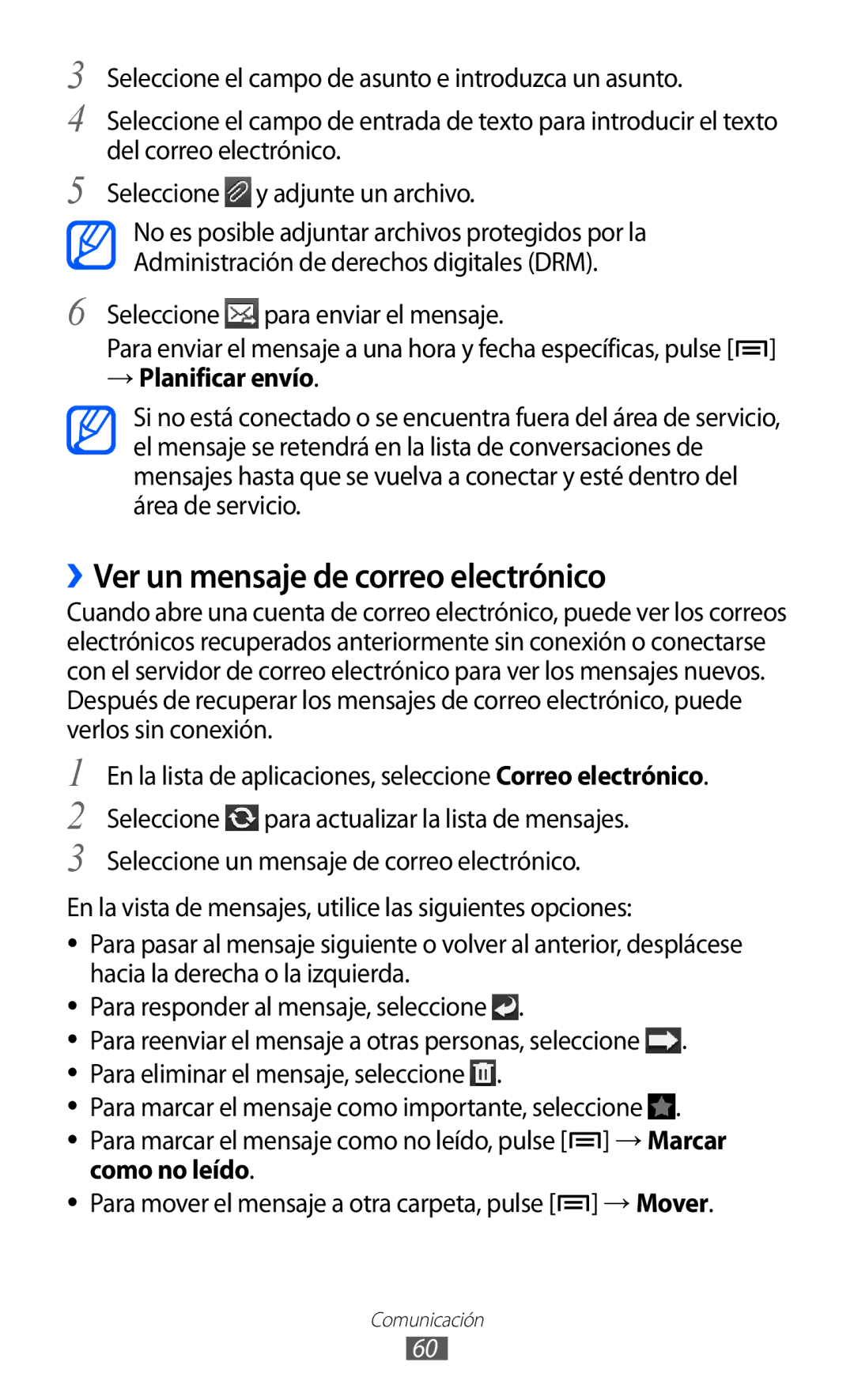 Samsung GT-I9100LKATPH ››Ver un mensaje de correo electrónico, → Planificar envío, Para eliminar el mensaje, seleccione 