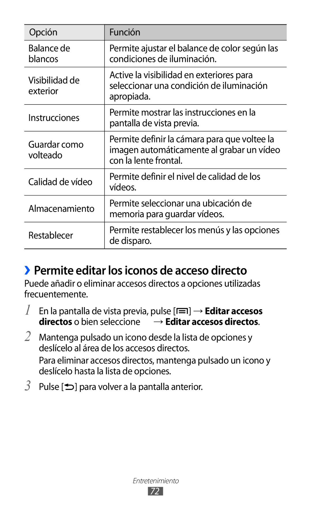 Samsung GT-I9100RWNATL ››Permite editar los iconos de acceso directo, Opción Función Balance de, Con la lente frontal 