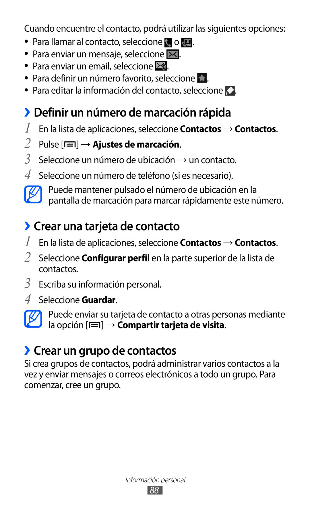 Samsung GT-I9100LKAXSP, GT-I9100LKAXEU manual ››Definir un número de marcación rápida, ››Crear una tarjeta de contacto 