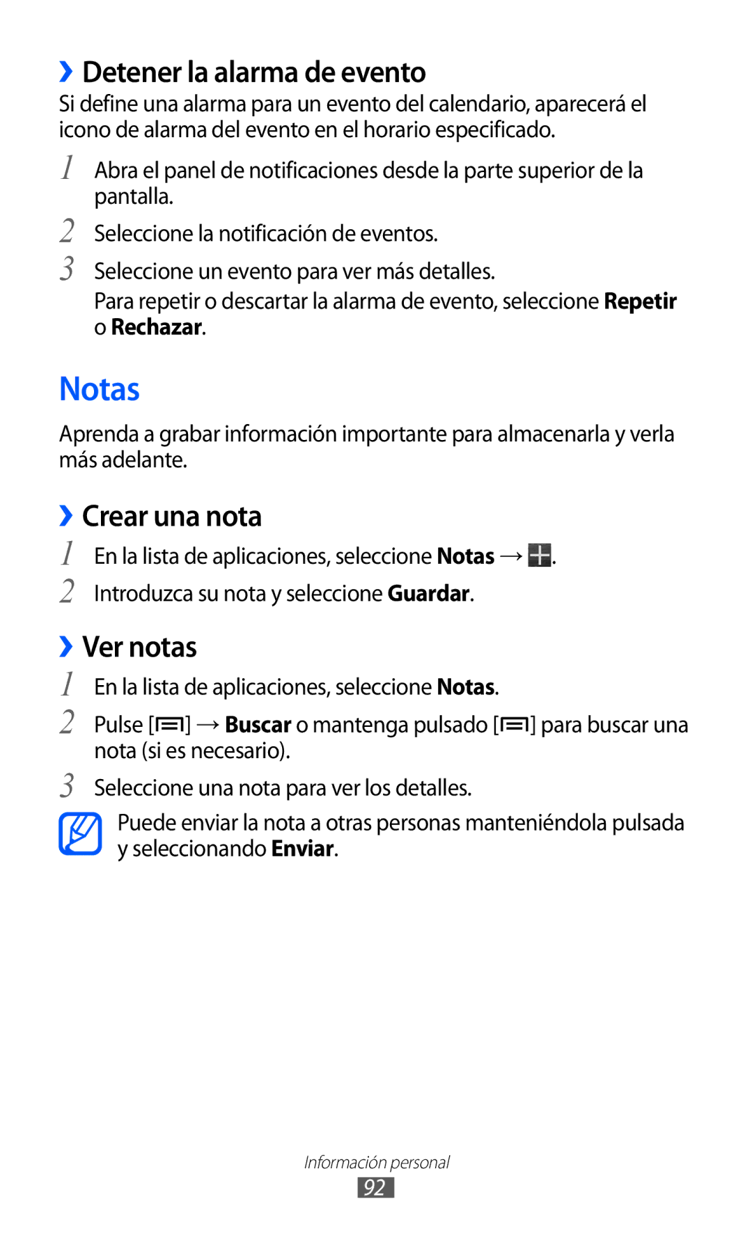 Samsung GT-I9100LKNTIM, GT-I9100LKAXEU manual Notas, ››Detener la alarma de evento, ››Crear una nota, ››Ver notas, Rechazar 