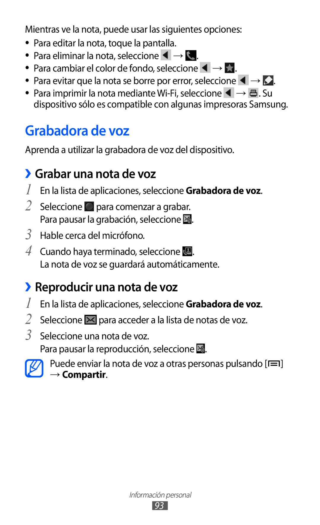 Samsung GT-I9100SWNTIM, GT-I9100LKAXEU, GT-I9100LKAXSP Grabadora de voz, Grabar una nota de voz, Reproducir una nota de voz 