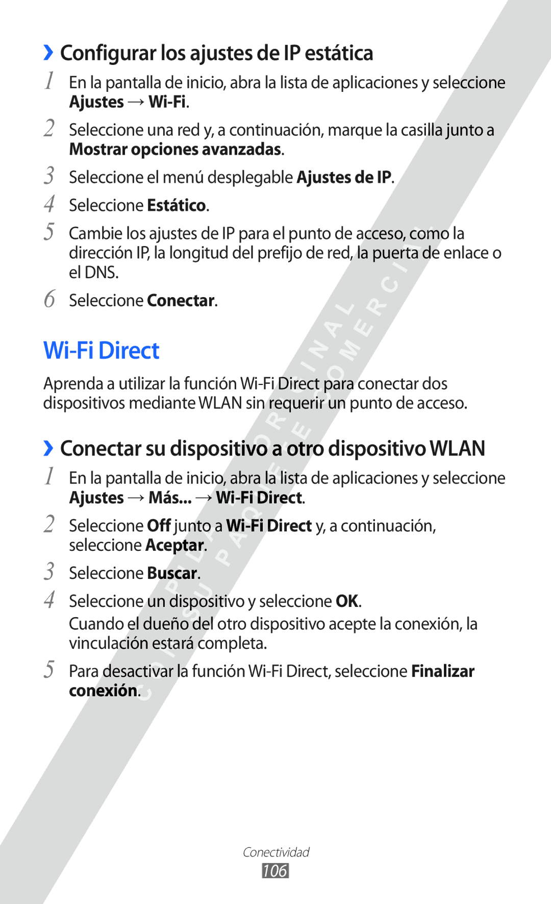 Samsung GT-I9100LKAXEC manual ››Configurar los ajustes de IP estática, Ajustes → Más... → Wi-Fi Direct, Conexión, 106 