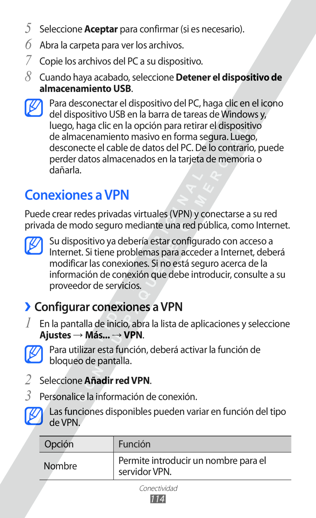 Samsung GT-I9100LKAYOG Conexiones a VPN, ››Configurar conexiones a VPN, Almacenamiento USB, Seleccione Añadir red VPN, 114 