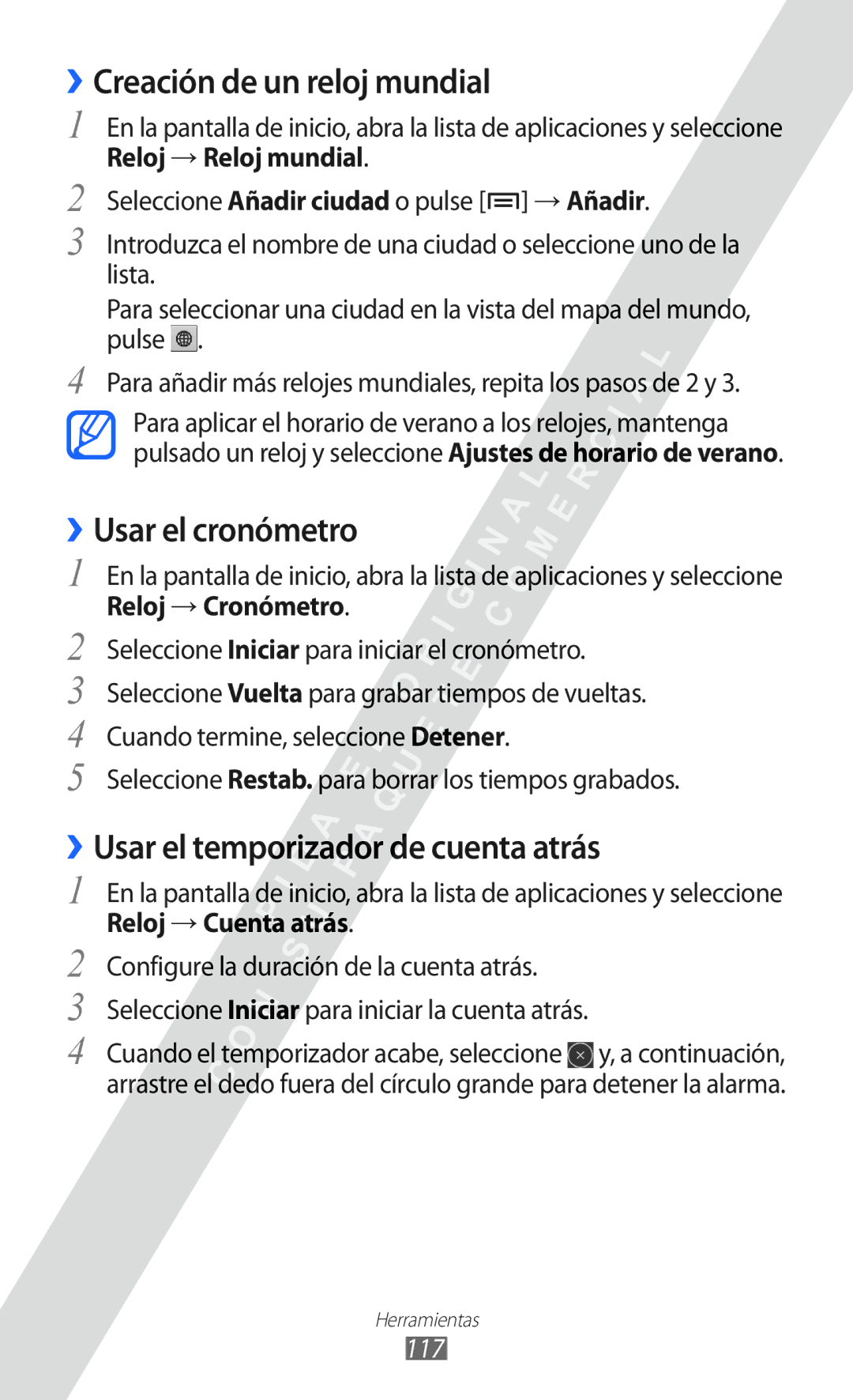 Samsung GT-I9100LKAXSP ››Creación de un reloj mundial, ››Usar el cronómetro, ››Usar el temporizador de cuenta atrás, 117 