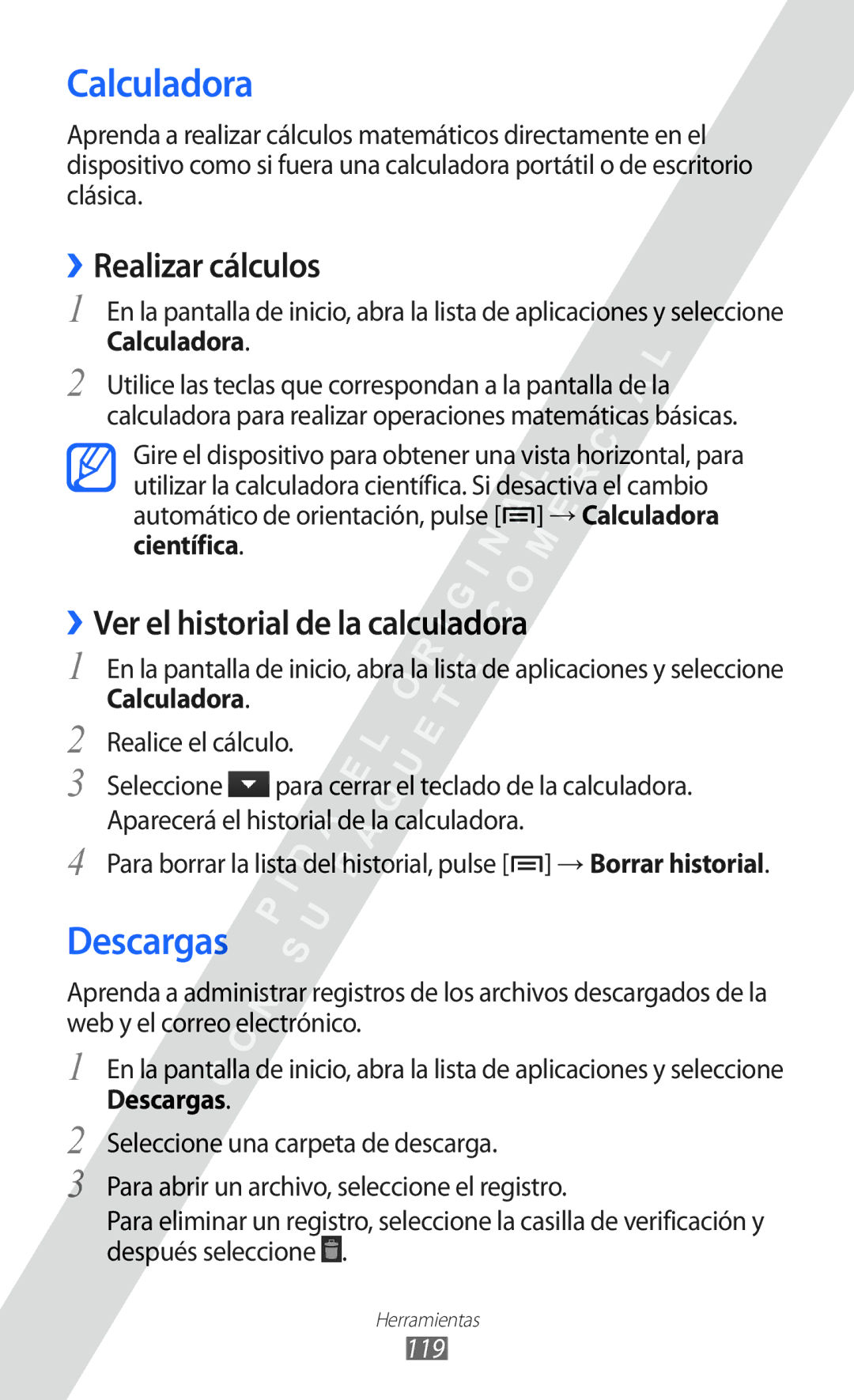 Samsung GT-I9100LKAEPL manual Calculadora, Descargas, ››Realizar cálculos, ››Ver el historial de la calculadora, 119 