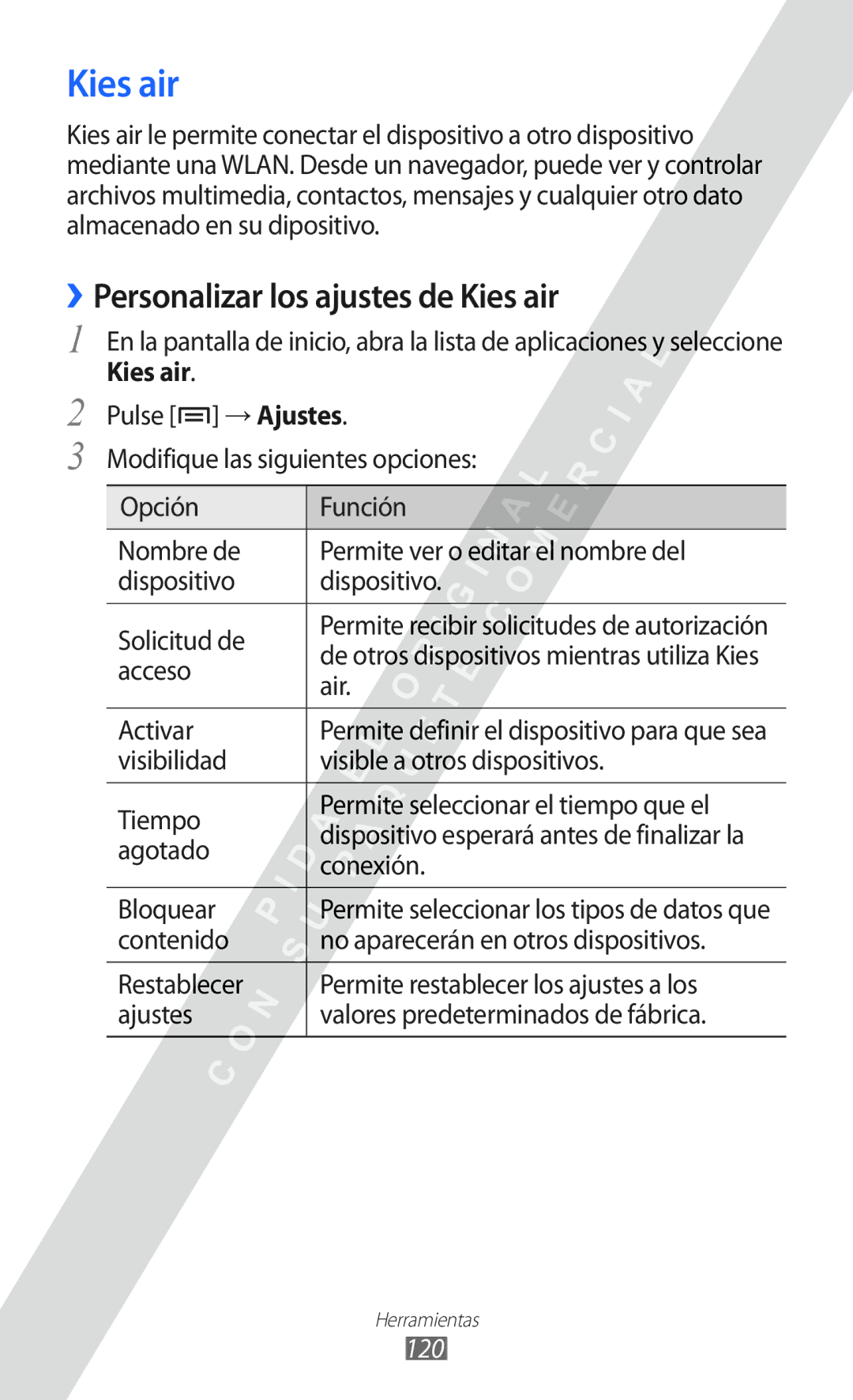 Samsung GT-I9100LKADBT, GT-I9100LKAXEU, GT-I9100LKAXSP, GT-I9100LKATPH manual ››Personalizar los ajustes de Kies air, 120 