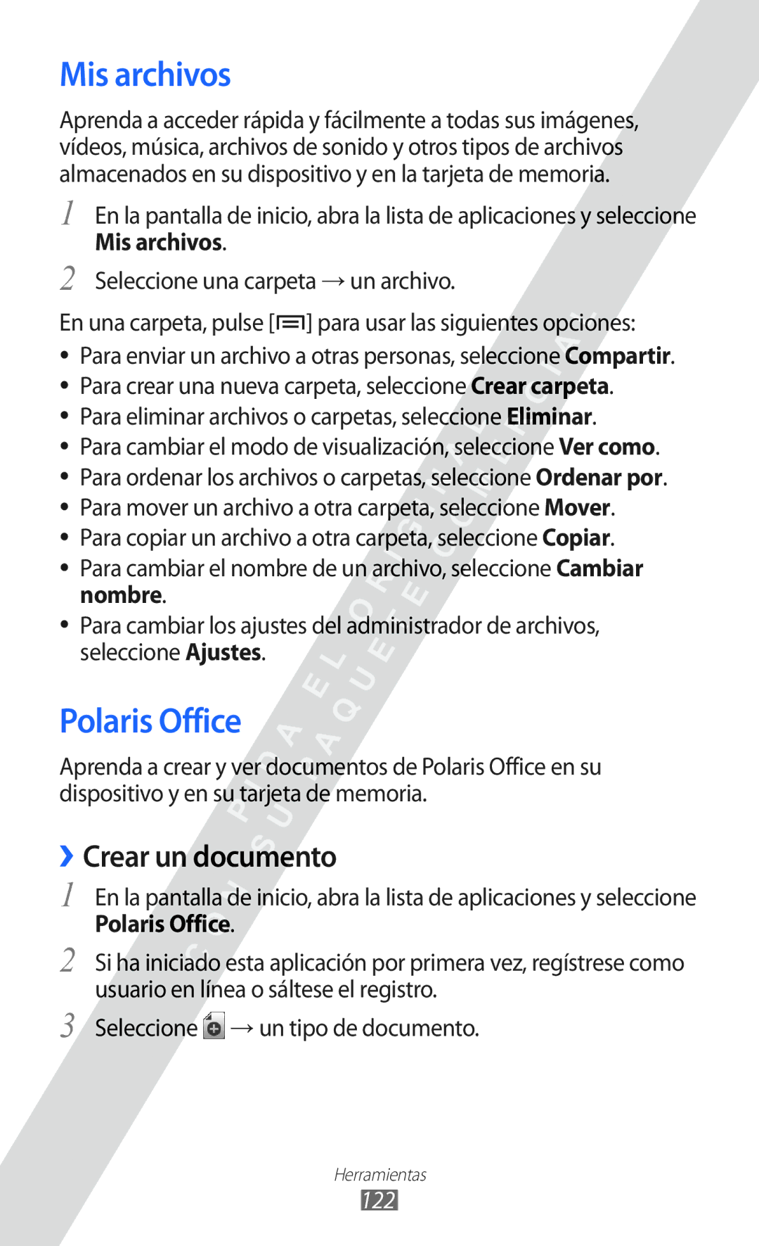 Samsung GT-I9100SWNTIM, GT-I9100LKAXEU, GT-I9100LKAXSP manual Mis archivos, Polaris Office, ››Crear un documento, 122 