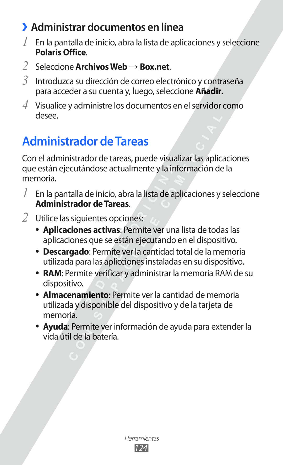 Samsung GT-I9100LKNATL, GT-I9100LKAXEU, GT-I9100LKAXSP manual Administrador de Tareas, ››Administrar documentos en línea, 124 