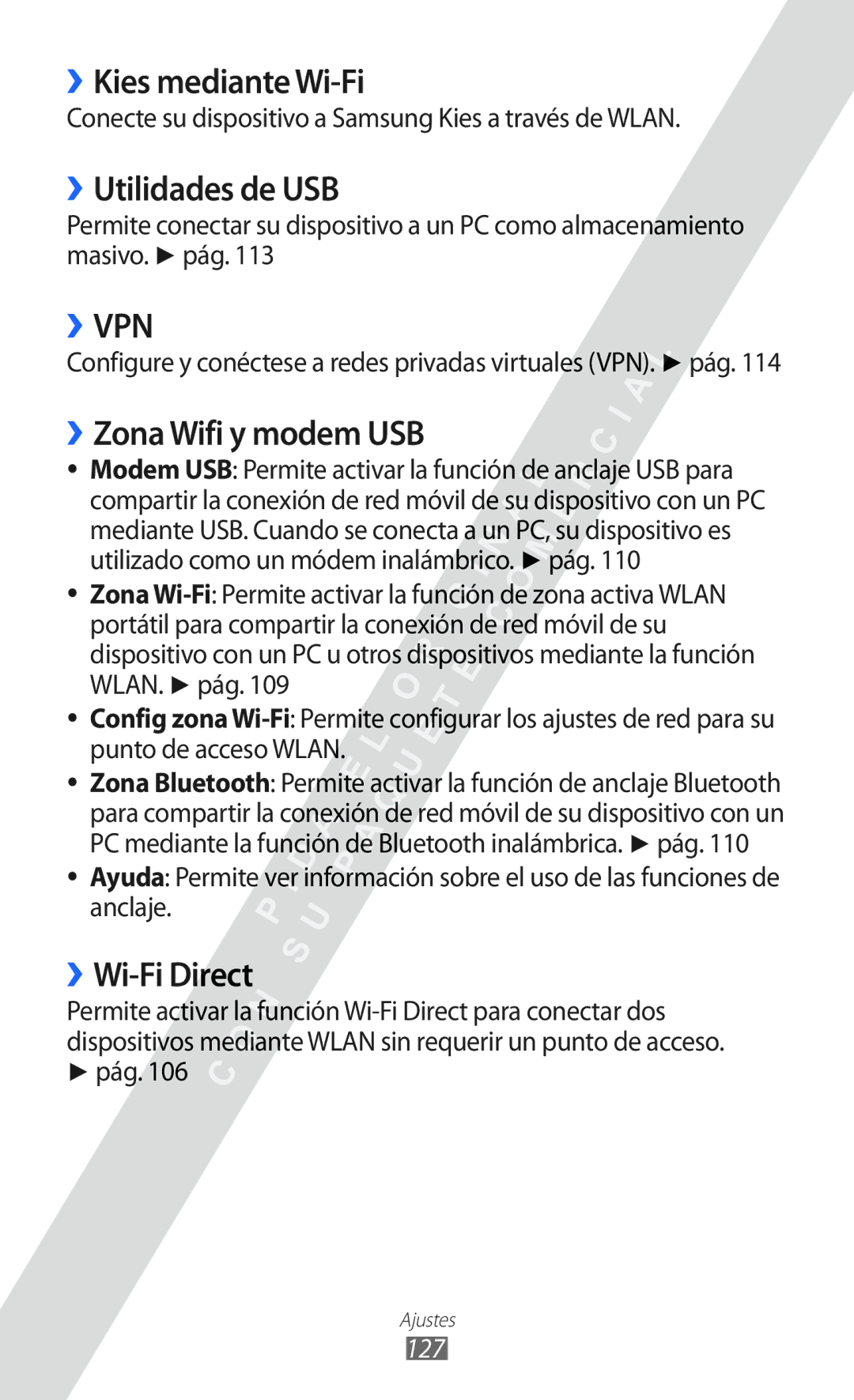 Samsung GT-I9100OIAAMN manual ››Kies mediante Wi-Fi, ››Utilidades de USB, ››Zona Wifi y modem USB, ››Wi-Fi Direct, 127 