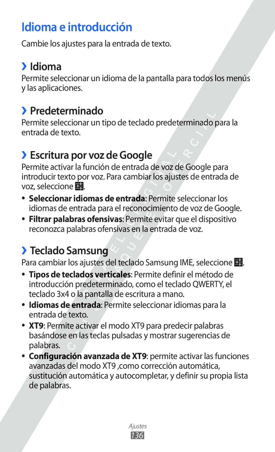 Samsung GT-I9100RWAAMN Idioma e introducción, ››Idioma, ››Predeterminado, ››Escritura por voz de Google, ››Teclado Samsung 