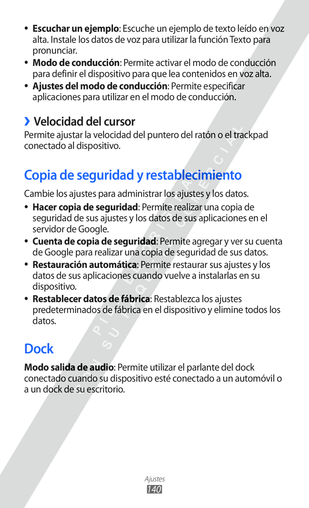 Samsung GT-I9100RWAFOP, GT-I9100LKAXEU manual Copia de seguridad y restablecimiento, Dock, ››Velocidad del cursor, 140 