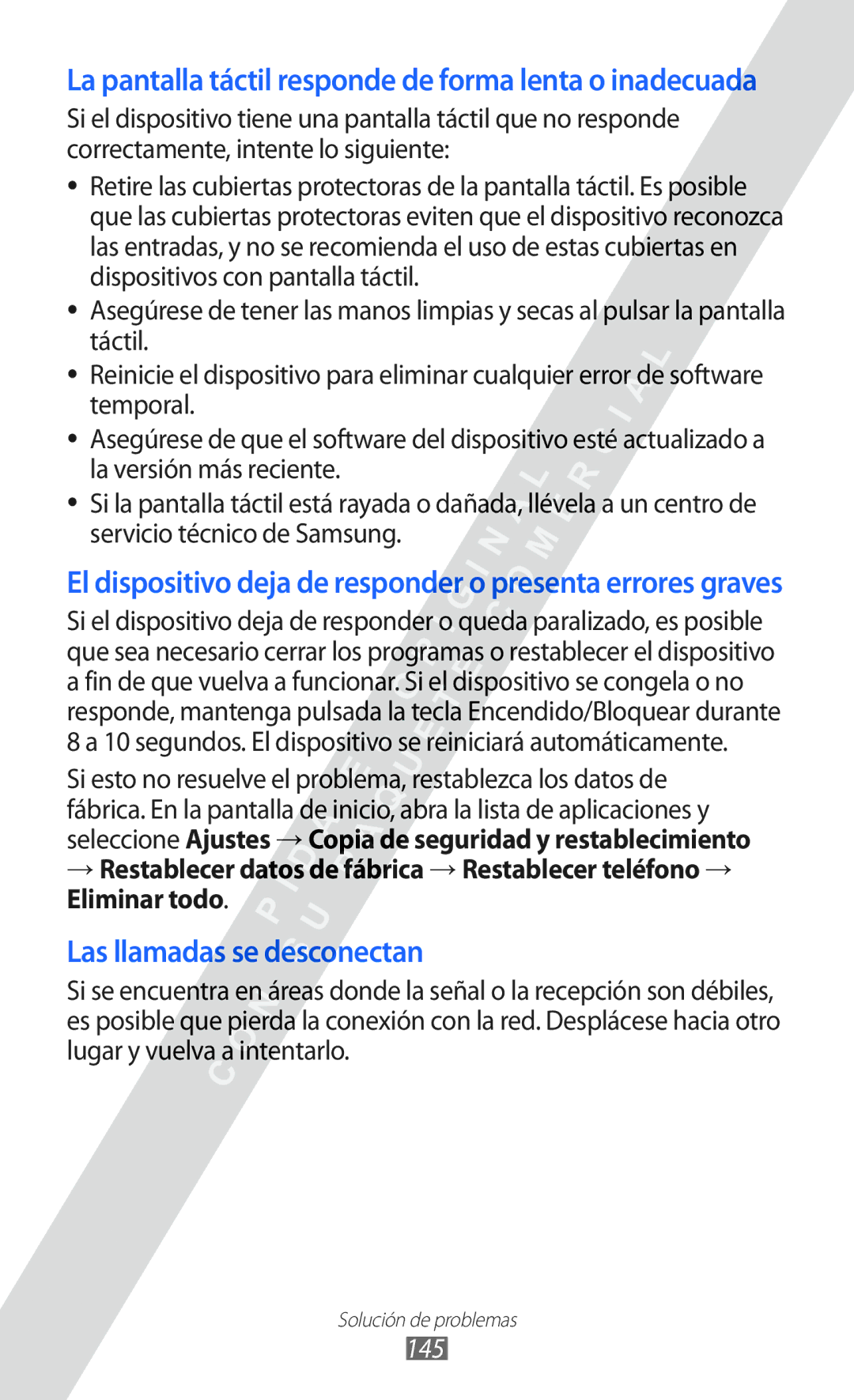 Samsung GT-I9100LKAXEU, GT-I9100LKAXSP, GT-I9100LKATPH manual La pantalla táctil responde de forma lenta o inadecuada, 145 