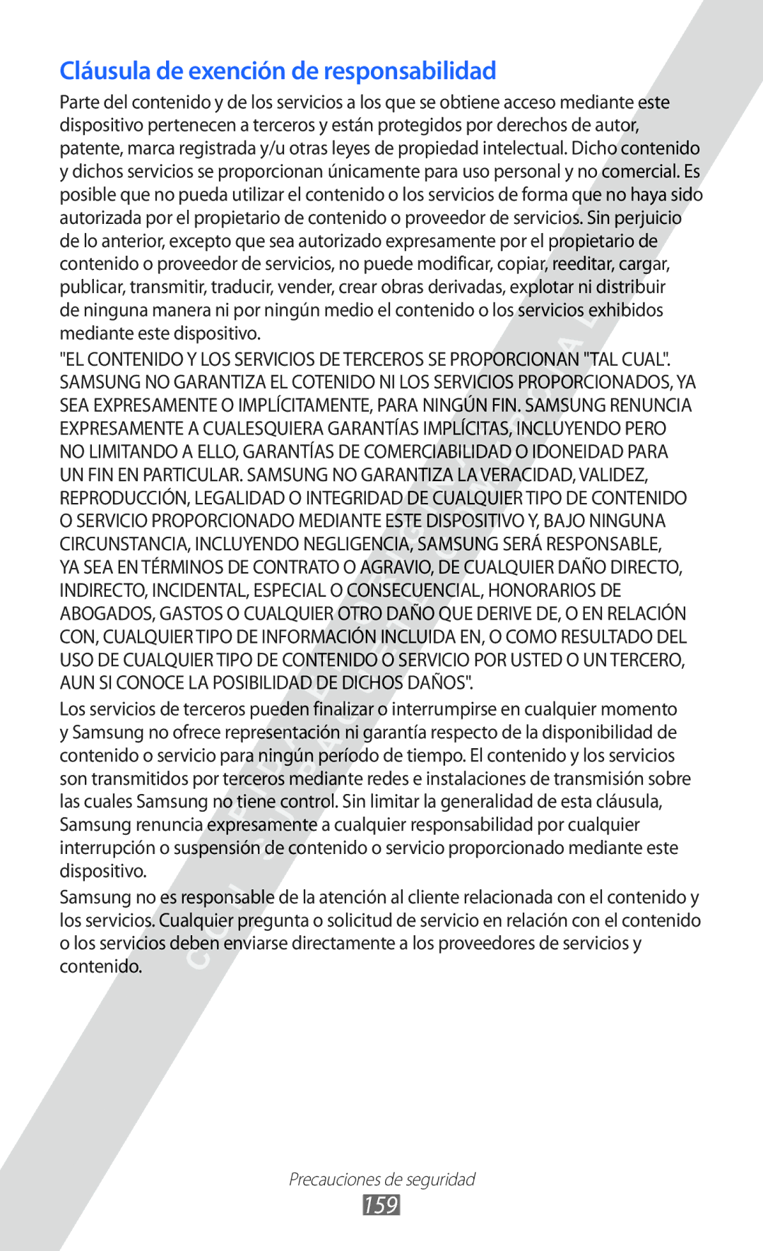 Samsung GT-I9100RWNATL, GT-I9100LKAXEU, GT-I9100LKAXSP, GT-I9100LKATPH manual Cláusula de exención de responsabilidad, 159 