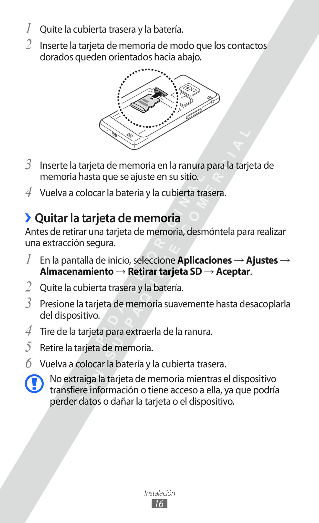 Samsung GT-I9100LKNXEC, GT-I9100LKAXEU manual ››Quitar la tarjeta de memoria, Quite la cubierta trasera y la batería 