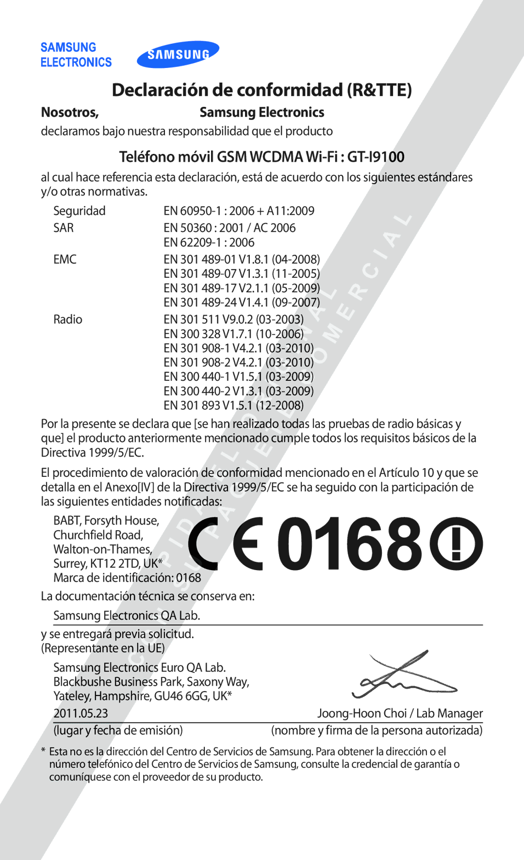 Samsung GT-I9100LKAXEC, GT-I9100LKAXEU, GT-I9100LKAXSP, GT-I9100LKATPH, GT-I9100LKAEPL manual Declaración de conformidad R&TTE 