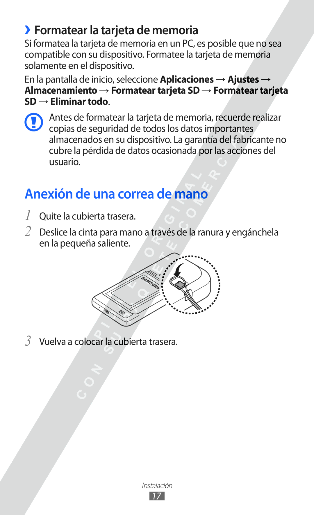 Samsung GT-I9100LKAFOP, GT-I9100LKAXEU, GT-I9100LKAXSP Anexión de una correa de mano, ››Formatear la tarjeta de memoria 