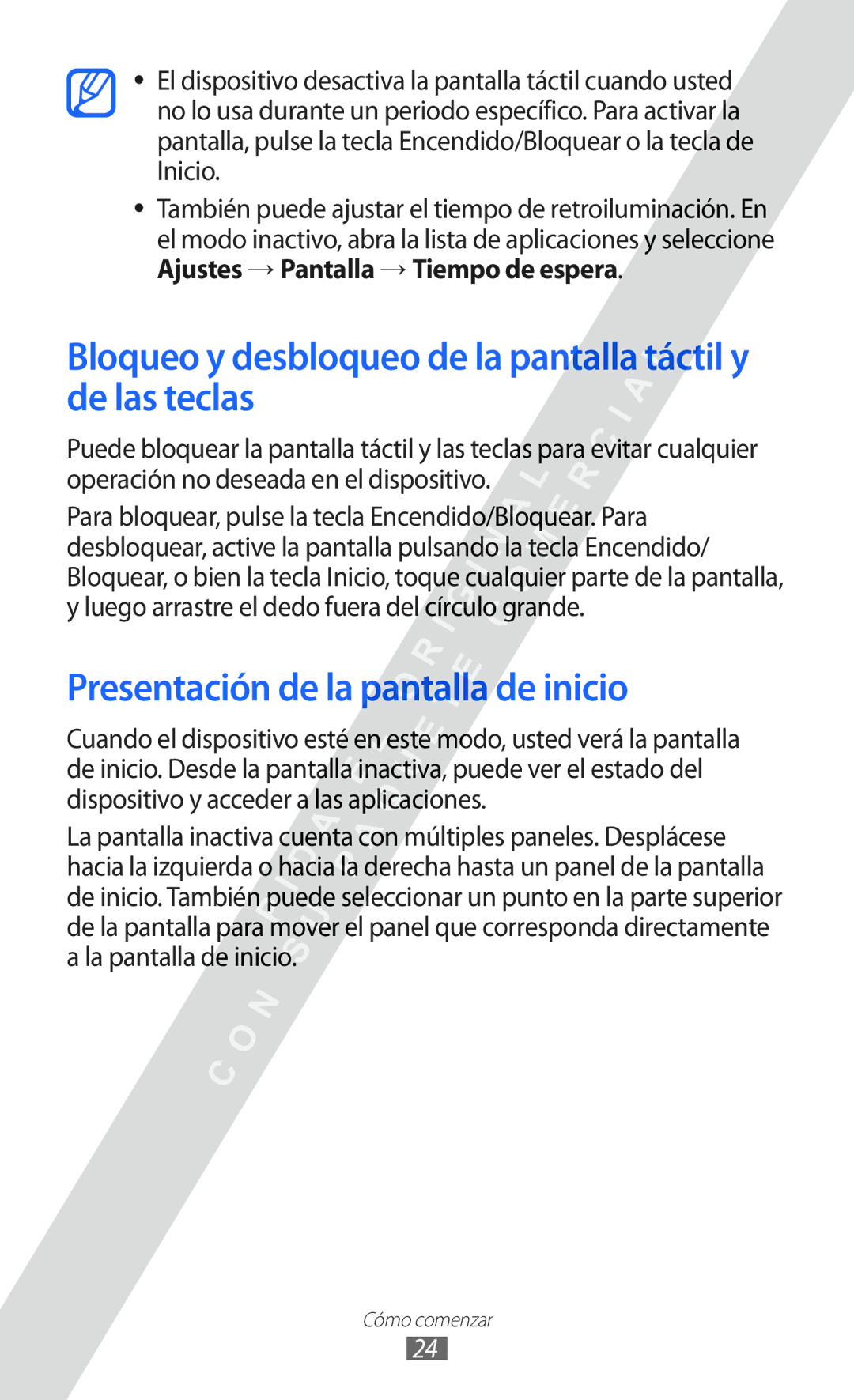 Samsung GT-I9100RWAFOP Bloqueo y desbloqueo de la pantalla táctil y de las teclas, Presentación de la pantalla de inicio 