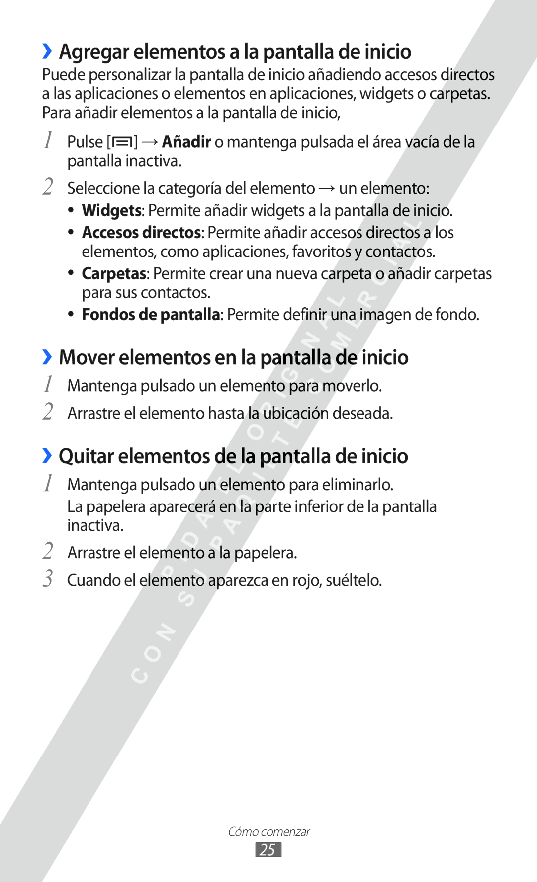 Samsung GT-I9100RWAATL manual ››Agregar elementos a la pantalla de inicio, ››Mover elementos en la pantalla de inicio 