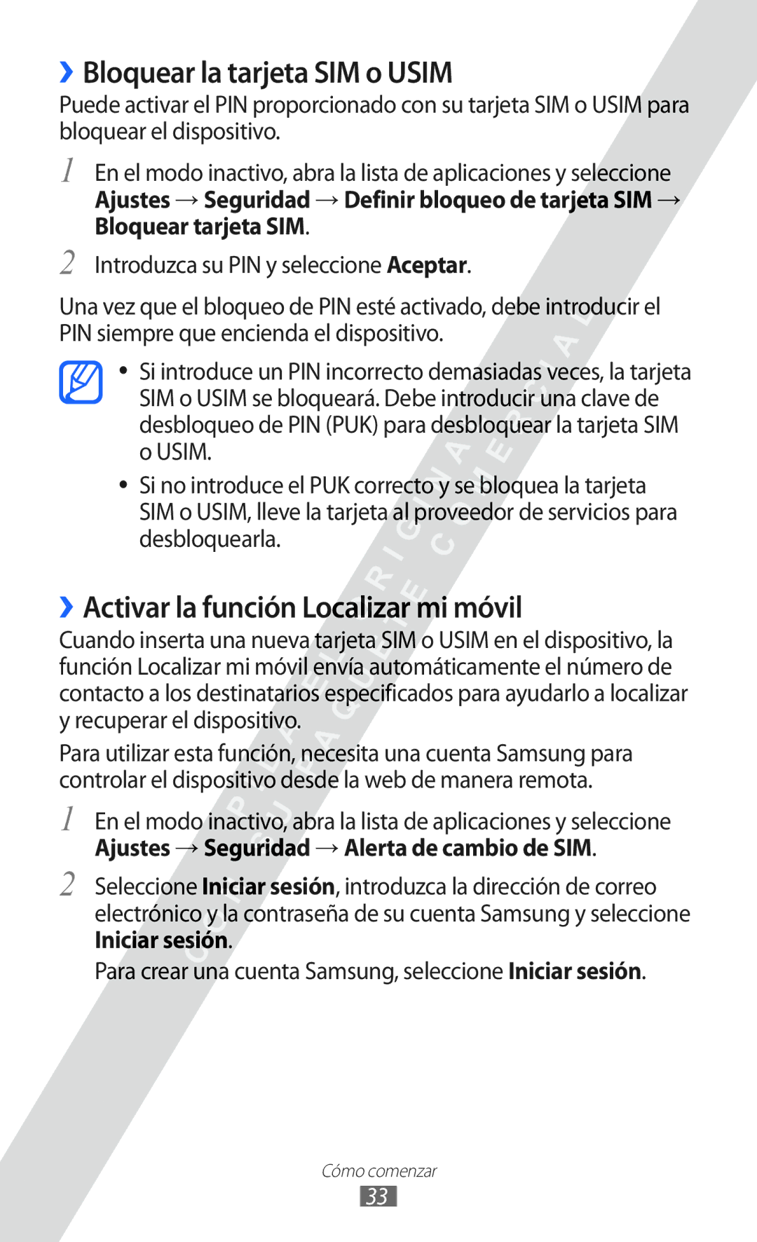 Samsung GT-I9100LKADBT, GT-I9100LKAXEU manual ››Bloquear la tarjeta SIM o Usim, ››Activar la función Localizar mi móvil 