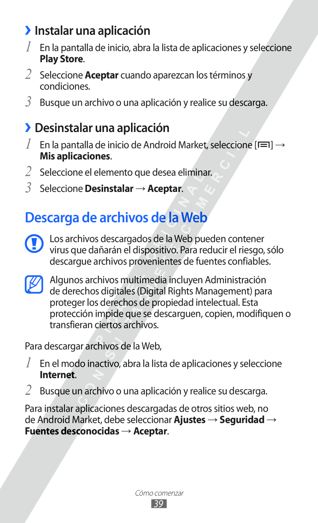 Samsung GT-I9100RWNXEC manual Descarga de archivos de la Web, ››Instalar una aplicación, ››Desinstalar una aplicación 