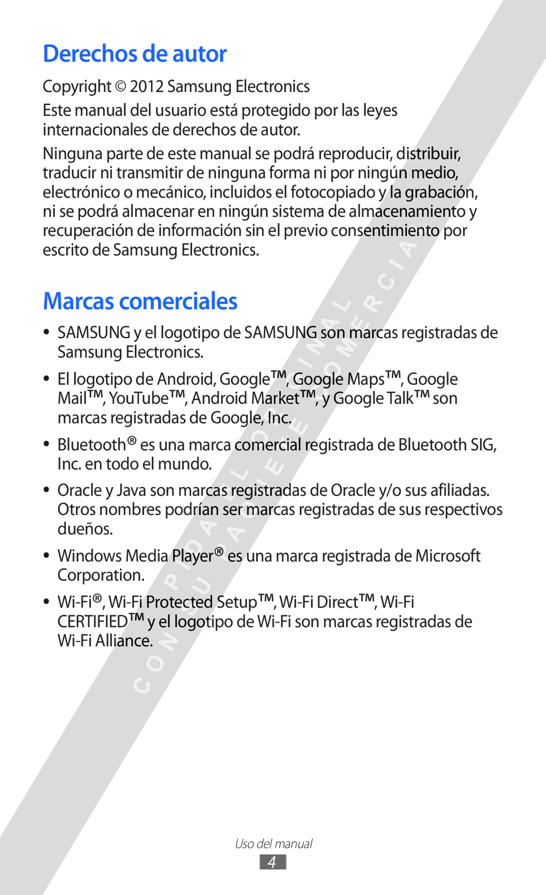 Samsung GT-I9100LKADBT, GT-I9100LKAXEU manual Derechos de autor, Marcas comerciales, Copyright 2012 Samsung Electronics 