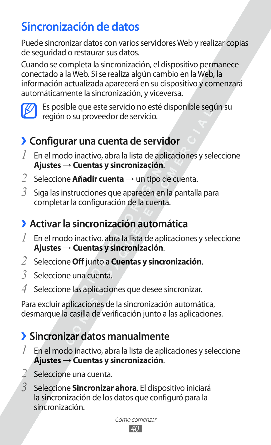 Samsung GT-I9100OIAAMN Sincronización de datos, ››Configurar una cuenta de servidor, ››Sincronizar datos manualmente 