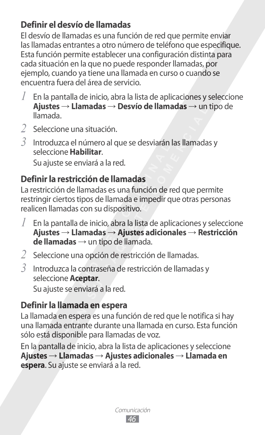 Samsung GT-I9100LKAFOP Definir el desvío de llamadas, Definir la restricción de llamadas, Definir la llamada en espera 