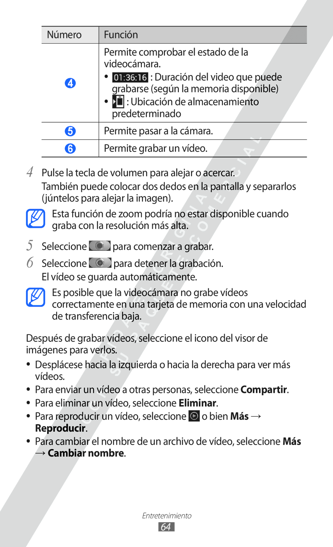 Samsung GT-I9100SWNTIM, GT-I9100LKAXEU, GT-I9100LKAXSP manual Número Función Permite comprobar el estado de la videocámara 