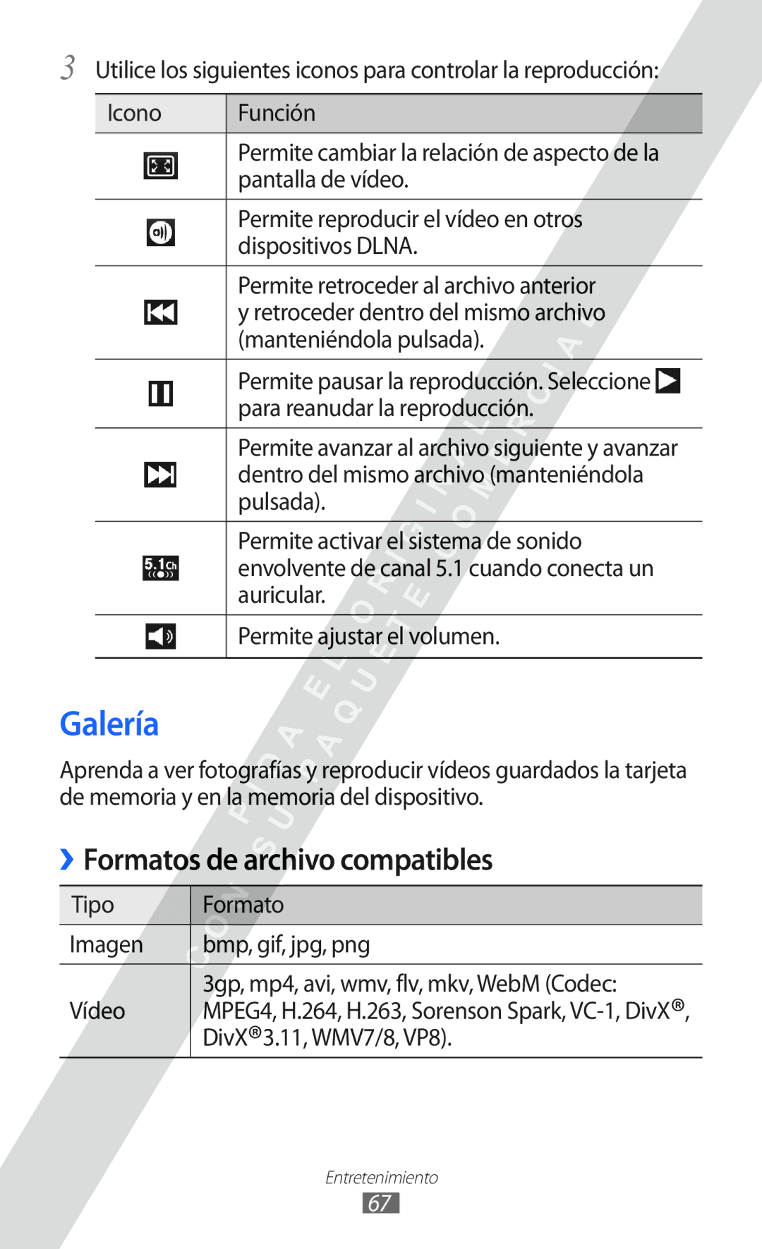 Samsung GT-I9100LKAFWD, GT-I9100LKAXEU, GT-I9100LKAXSP manual Galería, Formatos de archivo compatibles, DivX3.11, WMV7/8, VP8 