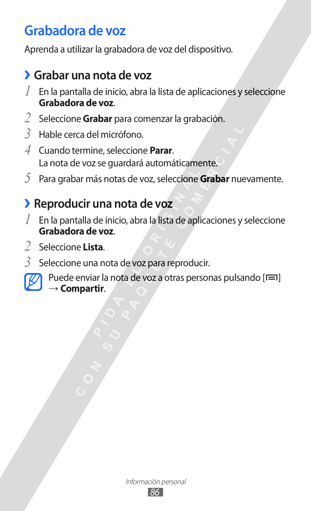 Samsung GT-I9100RWAXSP manual Grabadora de voz, ››Grabar una nota de voz, ››Reproducir una nota de voz, → Compartir 