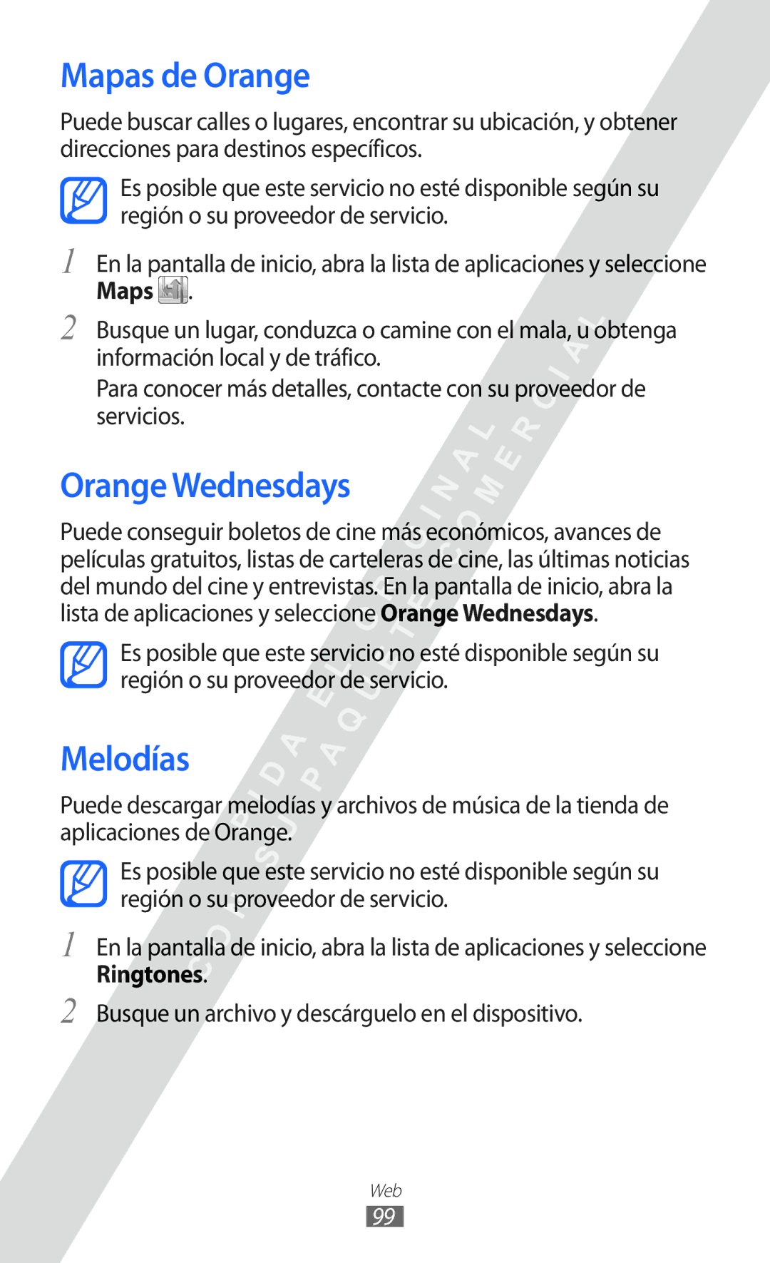 Samsung GT-I9100LKNAMN, GT-I9100LKAXEU, GT-I9100LKAXSP, GT-I9100LKATPH manual Mapas de Orange, Orange Wednesdays, Melodías 