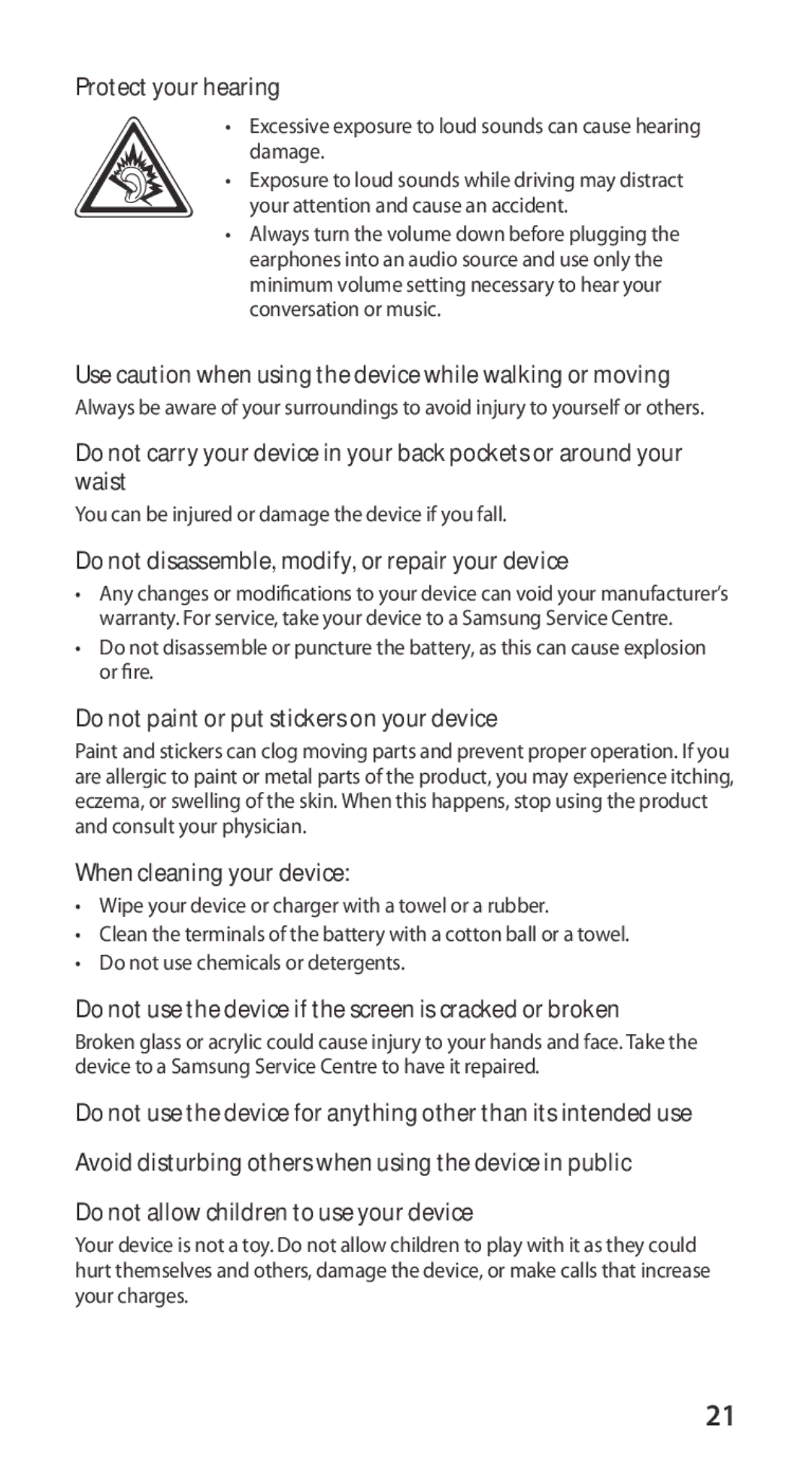 Samsung GT-I9100LKADBT, GT-I9100LKAXEU Protect your hearing, Use caution when using the device while walking or moving 