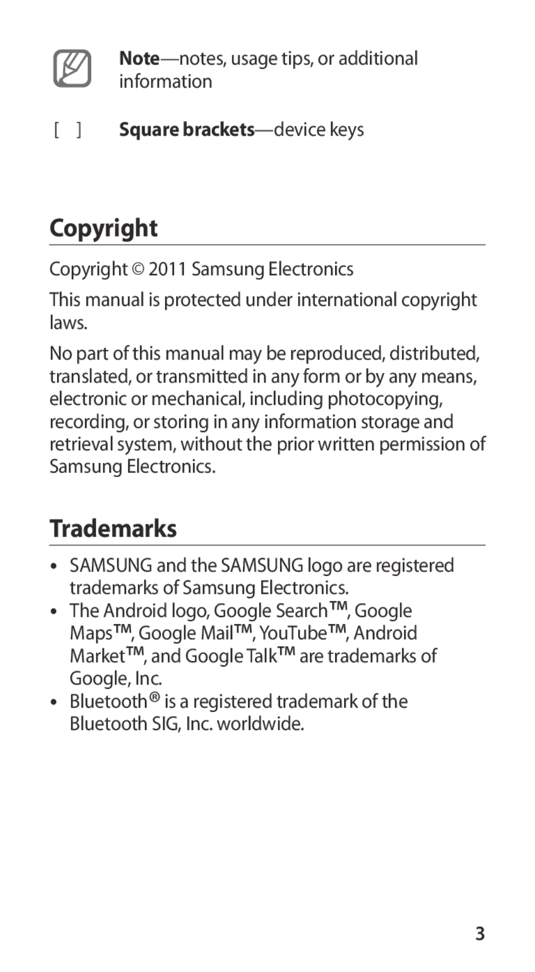 Samsung GT-I9100RWAEPL, GT-I9100LKAXEU, GT-I9100LKAXSP, GT-I9100LKAVIA Copyright, Trademarks, Square brackets -device keys 