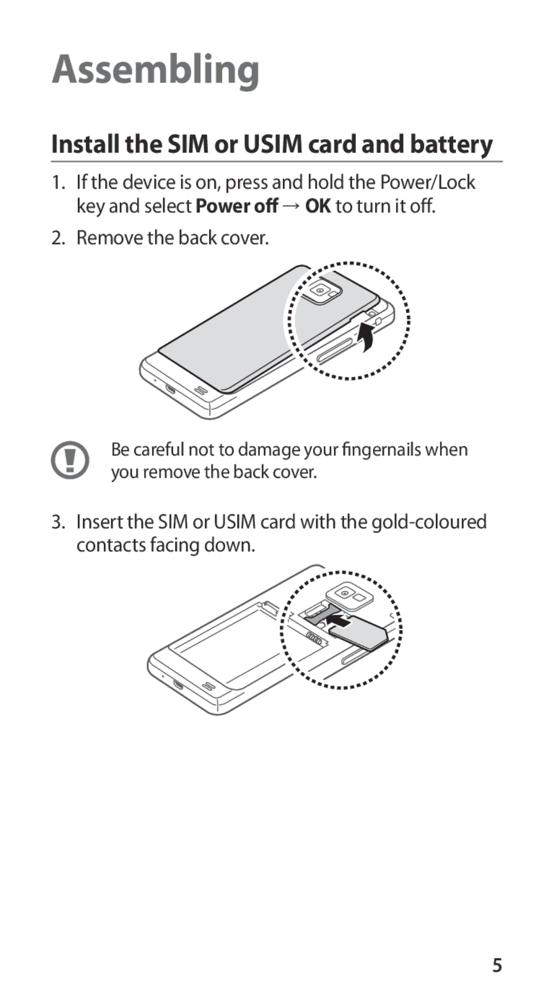 Samsung GT-I9100RWADTM, GT-I9100LKAXEU, GT-I9100LKAXSP, GT-I9100LKAVIA Assembling, Install the SIM or Usim card and battery 