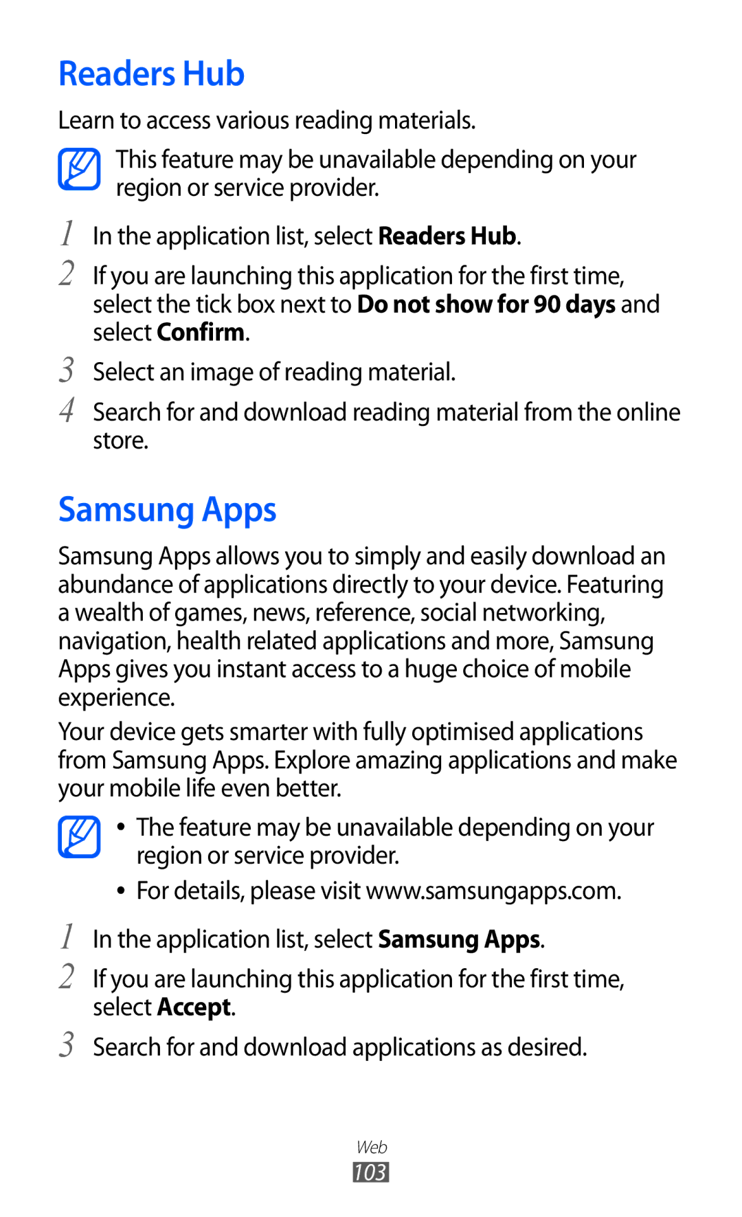 Samsung GT-I9100RWAFOP, GT-I9100LKAXEU, GT-I9100LKAXSP, GT-I9100LKAVIA, GT-I9100RWAEPL manual Readers Hub, Samsung Apps 