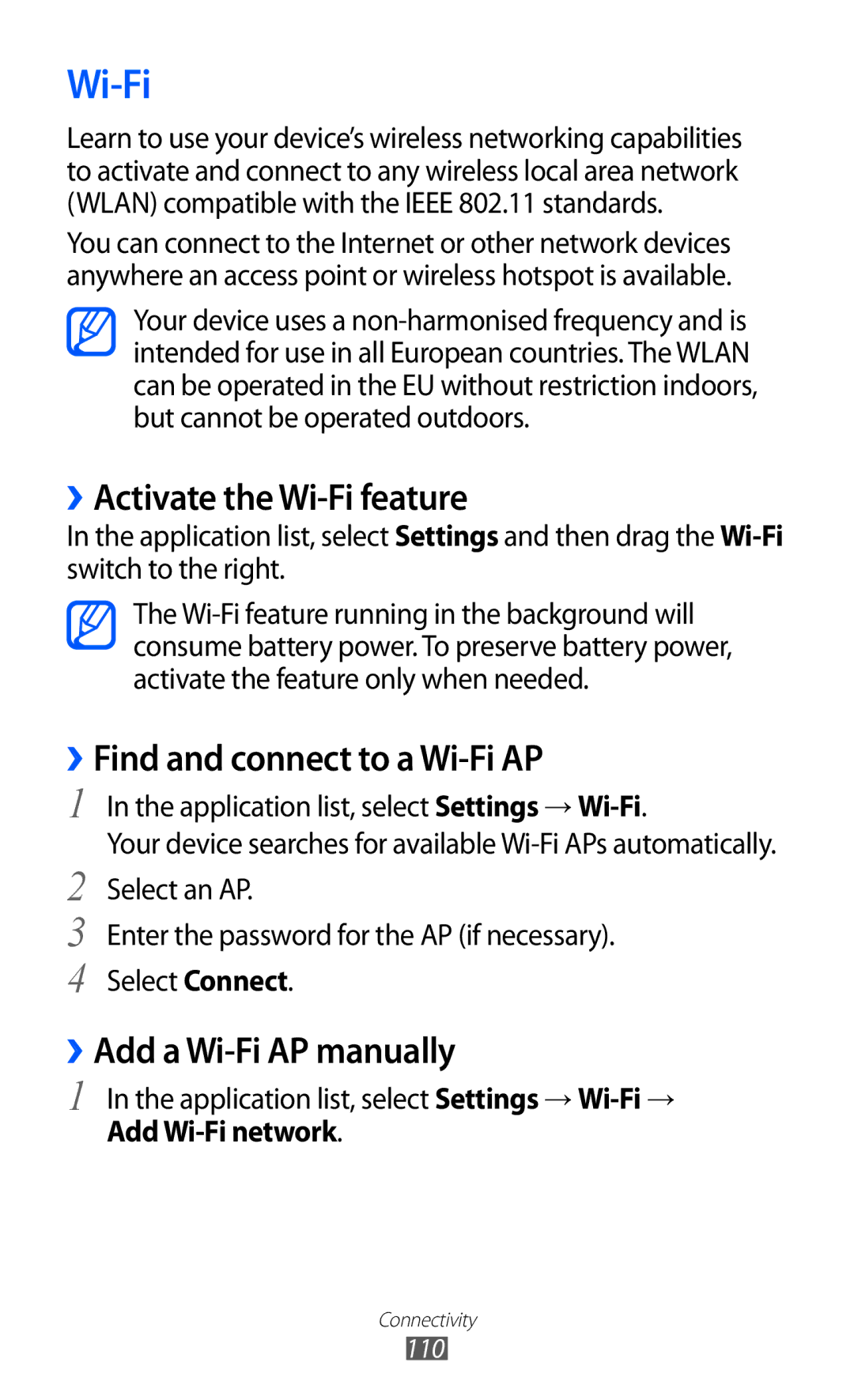 Samsung GT-I9100OIAMTL ››Activate the Wi-Fi feature, ››Find and connect to a Wi-Fi AP, ››Add a Wi-Fi AP manually 