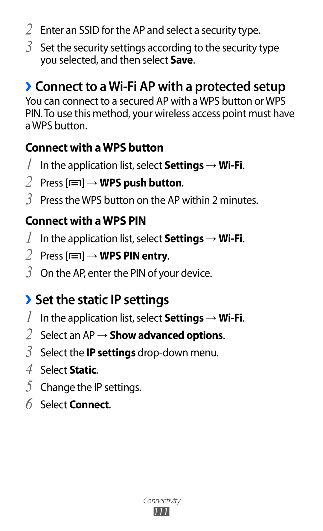 Samsung GT2I9100RWAMTL, GT-I9100LKAXEU ››Set the static IP settings, Connect with a WPS button, Connect with a WPS PIN 