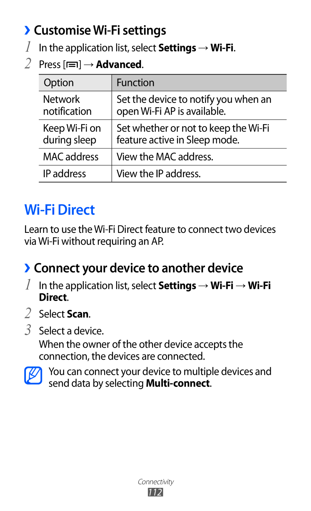 Samsung GT-I9100RWAGBL, GT-I9100LKAXEU Wi-Fi Direct, ››Customise Wi-Fi settings, ››Connect your device to another device 